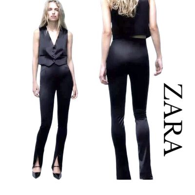 Zara Satin High Rise Split Hem Dressy Leggings Womens Small Black