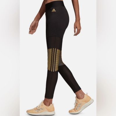 EUC Adidas Women’s Glam Black/Gold Colorblock Athletic Ankle Leggings - Size M