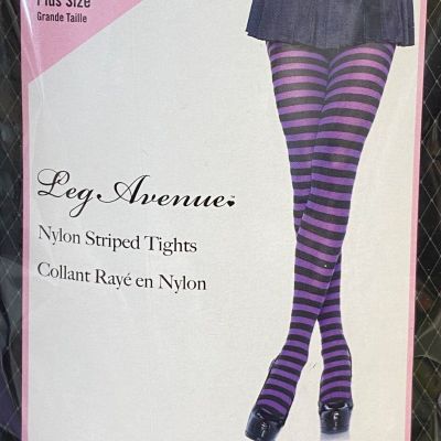 Halloween Black and Purple Plus Size XL Nylon Striped Tights by Leg Avenue NWT