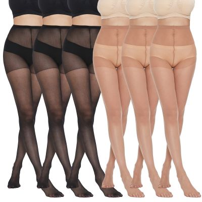 6 Pairs Pantyhose for Women 20 Denier High Waist Sheer Tights3*Black3*NaturalS