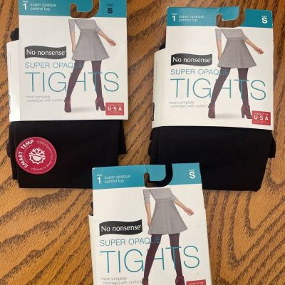 Lot Of 3 No Nonsense Super Opaque Black Tights Size S Control Top Smart Temp NEW