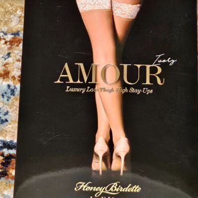 Honey Birdette IVORY AMOUR LACE SHEERS STAY UP STOCKINGS size M