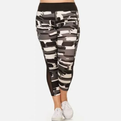 Plus Size Activewear Leggings w/ Mesh Panels Black/White Abstract Print LY6332-3