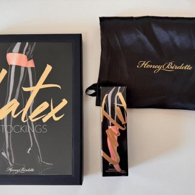 Honey Birdette latex stockings S/M NWT includes new bottle of dressing aid