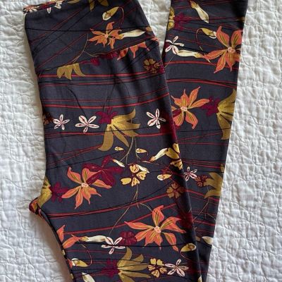 Lularoe Leggings OS Red Yellow Orange Flowers Stripes On Brown VTG