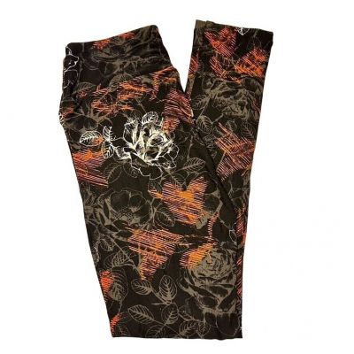 LuLaRoe One Size Leggings Black Floral Pattern with Orange & White Accents OS