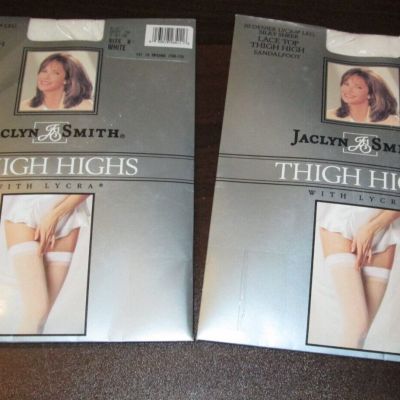 2PK Jaclyn Smith Lace Top Thigh High Stockings Sandlefoot White Lace Sz B White