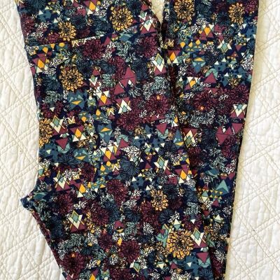 LuLaRoe Leggings OS Yellow Burgundy Flowers Triangles Abstract Floral 2017