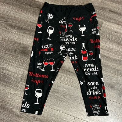 Wine Mom Leggings Women’s Size Curvy + Soft Stretchy Not See-Through Black Red