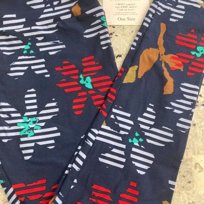 LuLaRoe One Size Navy with White, Teal, & Red Striped Flowers