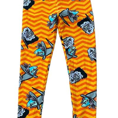 LulaRoe One Size Halloween Leggings Witch & Frankenstein Orange Chevron Stretch