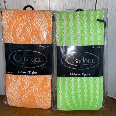 Isadora Paccini NY Fishnet Tights - Style 809NQ Lime Green/orange Lot Of 2 Queen