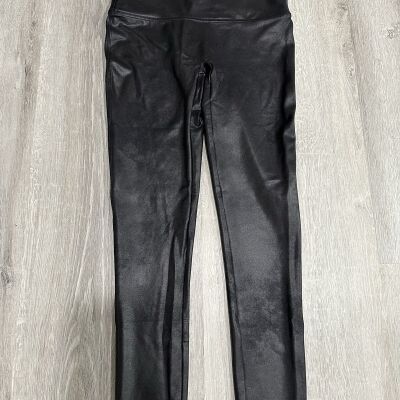 P74 Spanx Black Faux Leather High Waisted Legging Shiny Womens L Large Petite