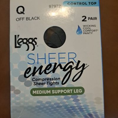 Leggs Sheer Energy Q OFF BLACK Medium Support 2 PAIR Compression Tights #10724