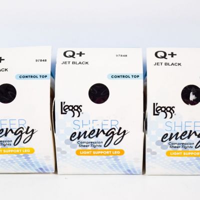 3 L'eggs Control Top Sheer Energy JET BLACK Light Support Tight Size Q+