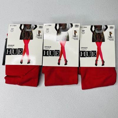 NEW HUE Apple Red Opaque Tights Non-Control Top 3 Pair Size 1