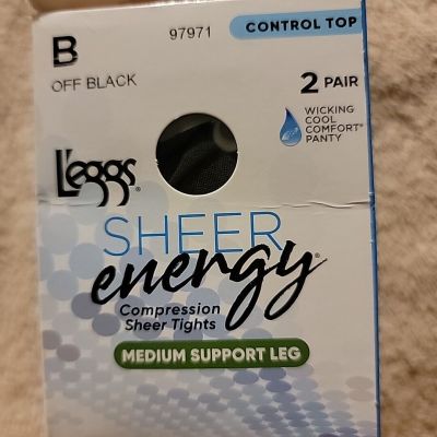 Leggs Sheer Energy Control Top Pantyhose 2 Pair Off Black Size B