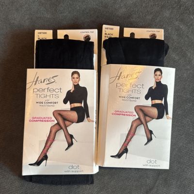 Hanes Perfect Tights ControlTop Graduated Compression Black Dot Size L x2 Pairs