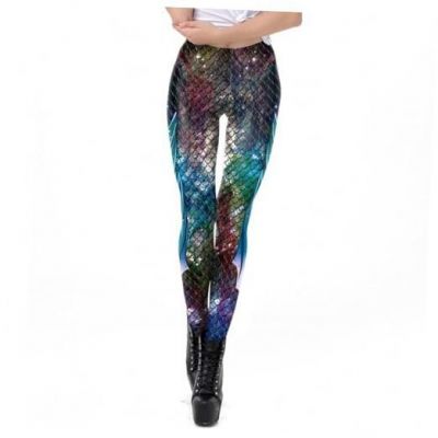 Mermaid Leggings for Women Yoga Print Pants Plus Size Fish Medium Green-blue