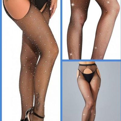 Women's Fishnets Sparkly Tights High Waist Rhinestone Stocking Suspender Style