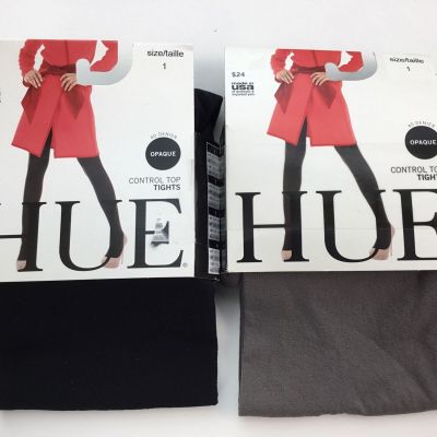 NWT Hue Womens Opaque Tights 2 Pair Pack Size 1 Black Gray 100-150 Lbs New