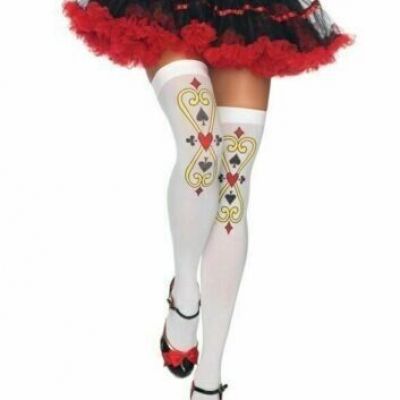 Leg Avenue 6215 Women's White Royal Card Print Thigh Highs Leg Stockings