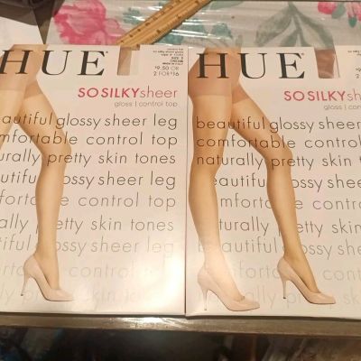 Lot 2 HUE Control Top Silky Sheer Gloss Pantyhose Steel Style 13363 Size 1 NEW