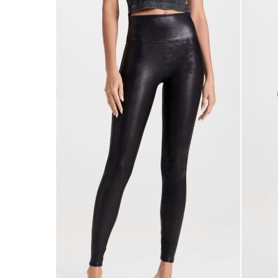 Spanx Faux Leather Leggings Shiny Shimmer Black Mid Rise