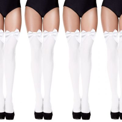 4 Pairs White Thigh High Stockings Over Knee Bow Accent Thigh Highs Stockings...