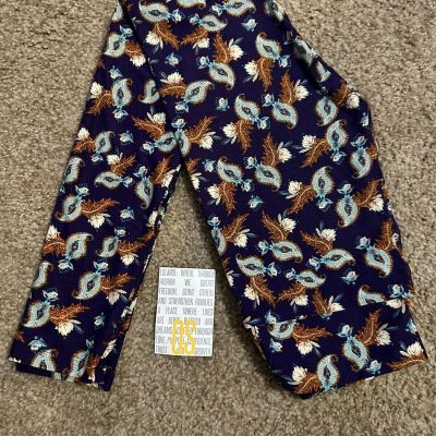 LuLaRoe OS Dark Blue Background Paisley Orange Feathers Leggings