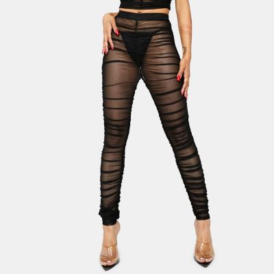 Black Sheer Leggings Cut out Tassle Ripped Sexy Club-wear Fitted Bodycon S M L