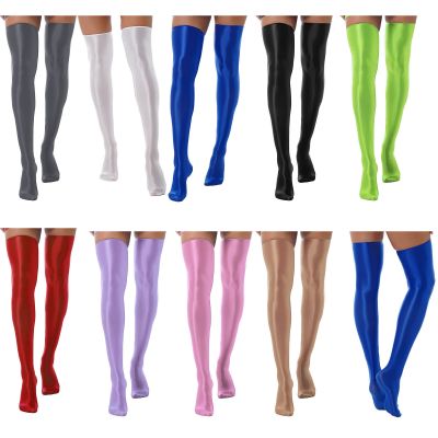 Women Glossy Thigh High Stocking Solid Color Stretchy Socks Costume Accessory