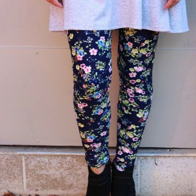 Women's Leggings Super Stretch Navy and Floral Pink White Green Floral Size 2-12