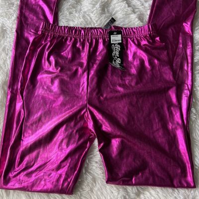 Ladies Disco Leggings Stretch Shiny American Metallic Wet Hot PinkS/M
