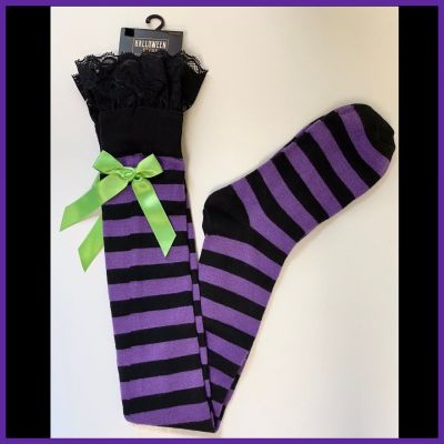 Halloween Thigh High Purple Black Striped Over the Knee Socks Lace Green Bow