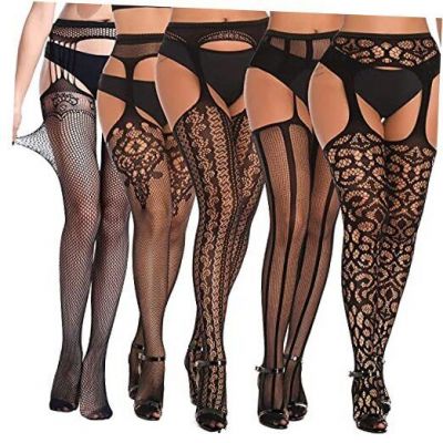 5 Pairs Fishnet Thigh High Garter Stockings Patterned Tights One Size A-5pcs