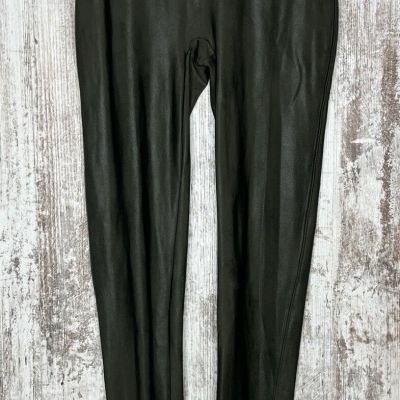 SPANX Faux Leather Olive Green Shiny LEGGINGS #2437 size Large