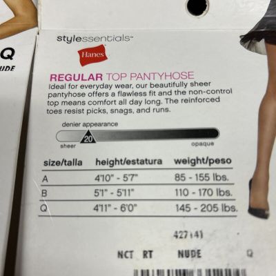 Hanes Regular Top Pantyhose Reinforced Toe Sheer Leg Size Q Nude (4 Pair)