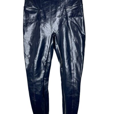 Spanx Womens Faux Patent Leather Leggings Large High Waist Shiny Slimming Blue