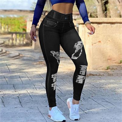 Women Skinny Stretchy Leggings Denim Look Jeans Ripped Jeggings Pants Trousers