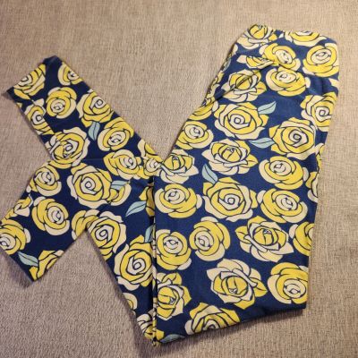 Lularoe Leggings OS One Size Blue Yellow Roses Pattern