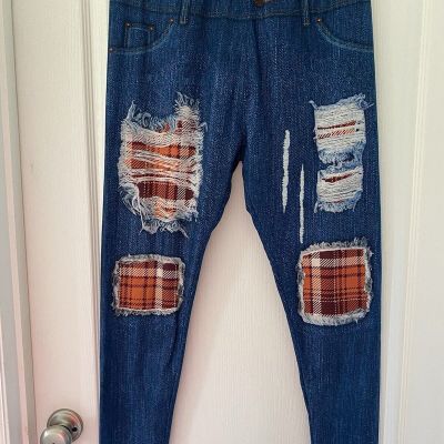 Denim Blue Stretch Leggings Fall Harvest Pumpkin Cranberry Plaid Patches Size TC