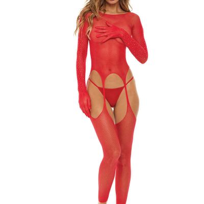 Rene Rofe Rhinestone Bring It Over Bodystocking Full Sleeves - One Size - Red