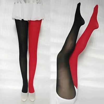 Vibrant Asymmetrical Color Tights Sheers with Split Contrast Design Red, Black