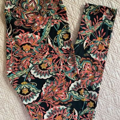 Lularoe Leggings OS Green Coral Teal White Fleur de Lis Flowers Floral Damask