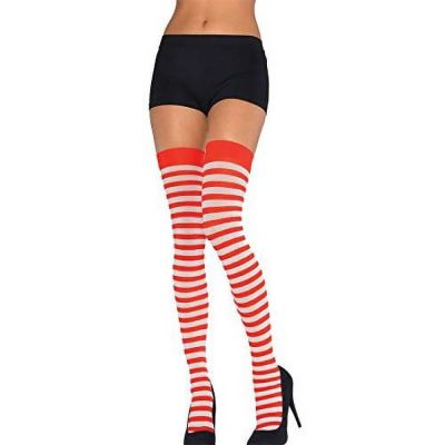 Women's Red & White Striped Thigh High Stockings - One Size #2568