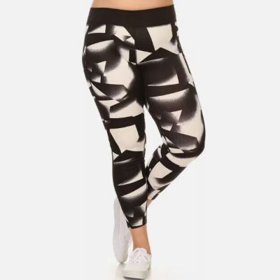 Plus Size Activewear Leggings w/ Mesh Panels Black/White Abstract Print LY6332-4