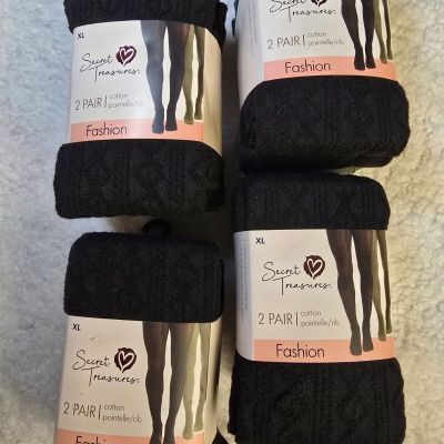 8 PAIR (Four 2-Packs)! Women Pointelle Tights Secret Treasure Size XL Black Grn