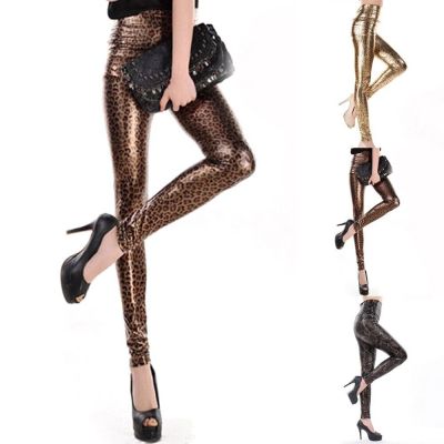 Women High Waist Shiny Wet Shiny Print Slim Pants Faux Leather Stretch Leggings