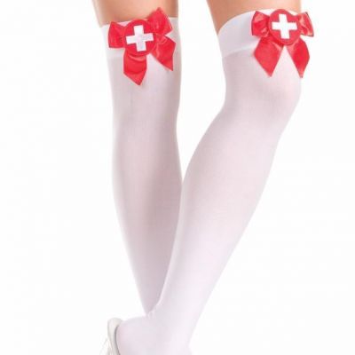 Nurse Thigh High Stockings Red Satin Bow White Cross Costume Hosiery BW410